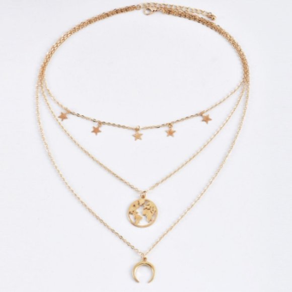 Gold Tone World Map Crescent Moon Stars Necklace - Picture 2 of 4